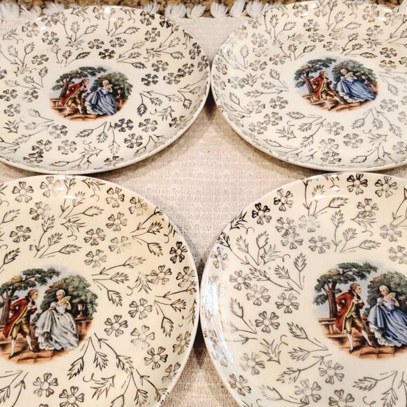 (4) Royal China Plate Warranted 22k French Garden Gold 7 3/8" Man Courting Lady - Picture 3 of 6